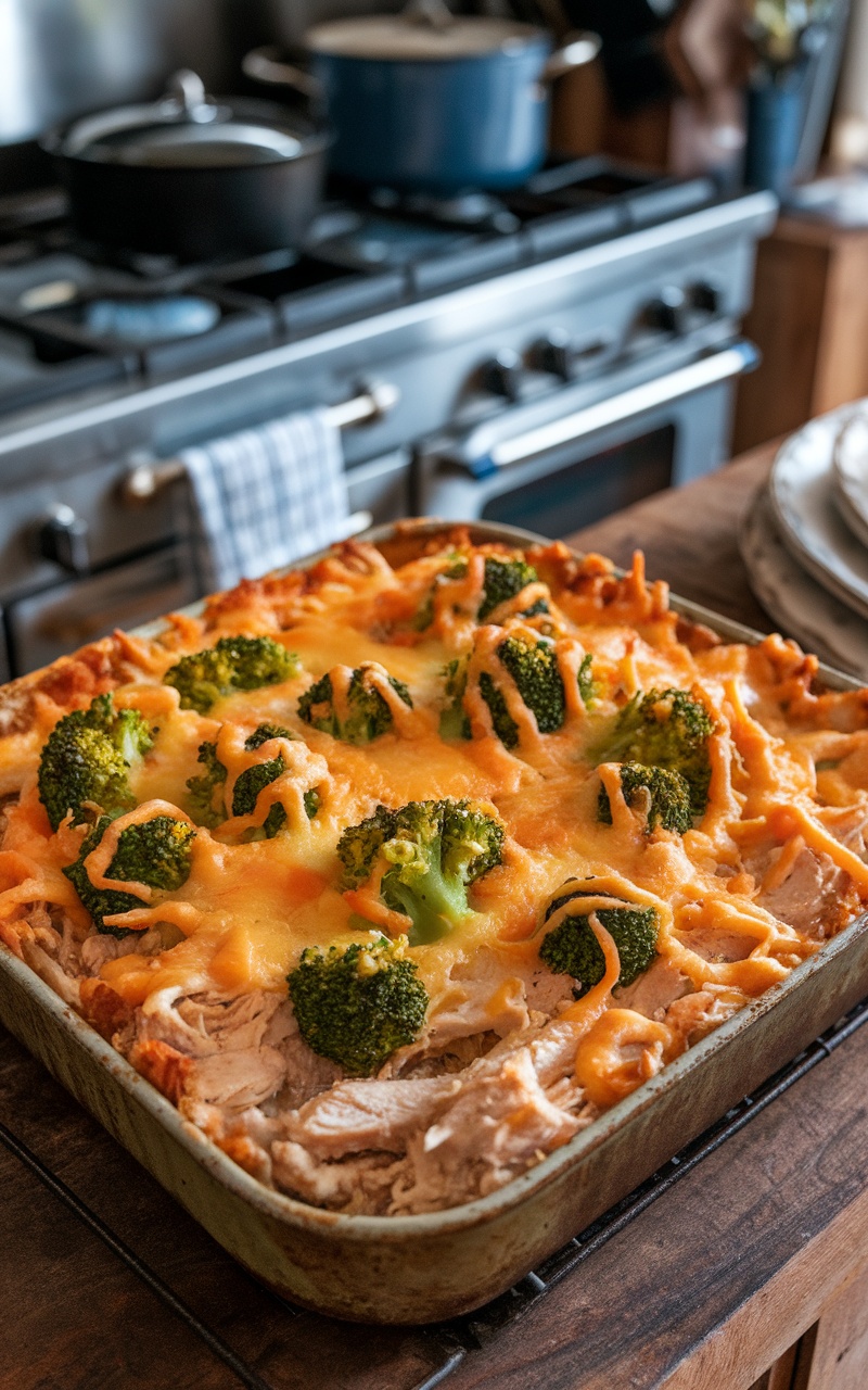 Creamy shredded chicken casserole with broccoli and cheese baked in a rustic dish.